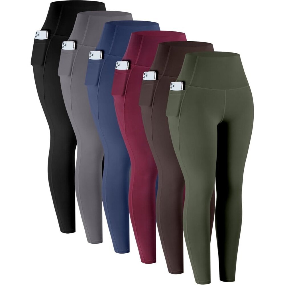 Leggings with Pockets for Women, 6 Packs Soft High Waisted Tummy Control Workout